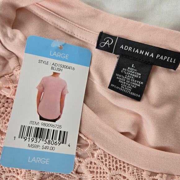 🎄 Adrianna Papell NWT lace details short sleeve top Large blush pink - Picture 5 of 17